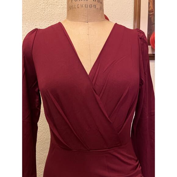 Sarin Mathews Deep V Neck Ruched Long Sleeve Mini Dress Burgandy NWT Size S - Picture 2 of 6